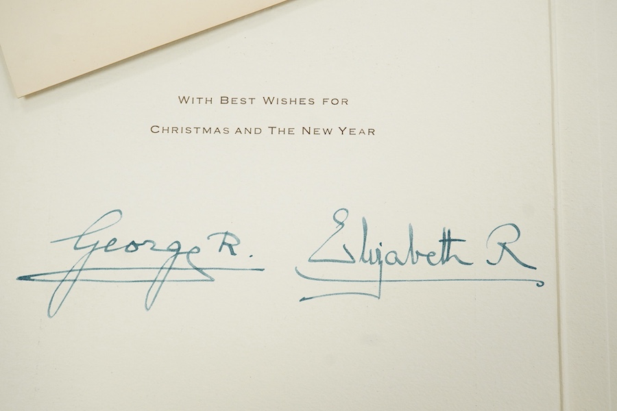 Two Royal Christmas cards from HM King George VI and Queen Elizabeth for 1951 and another undated, with gilt embossed crowns on the front, inside; ‘with best wishes for Christmas and the New Year, signed; ‘George R and E